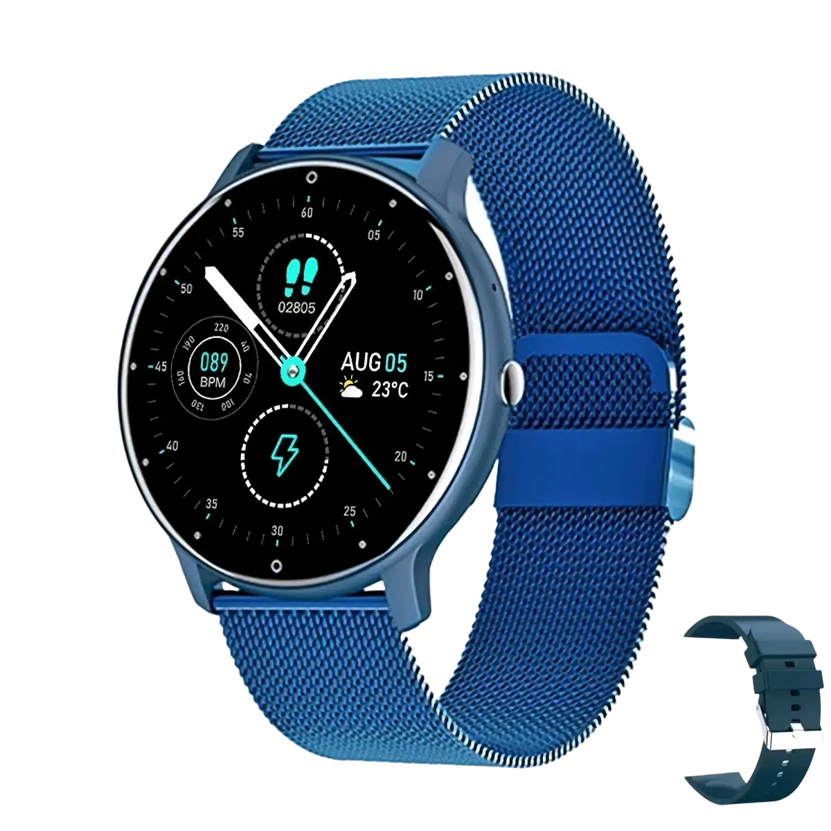 Blue mesh strap Lige smartwatch with black face and teal digital display for Bluetooth call and fitness tracking