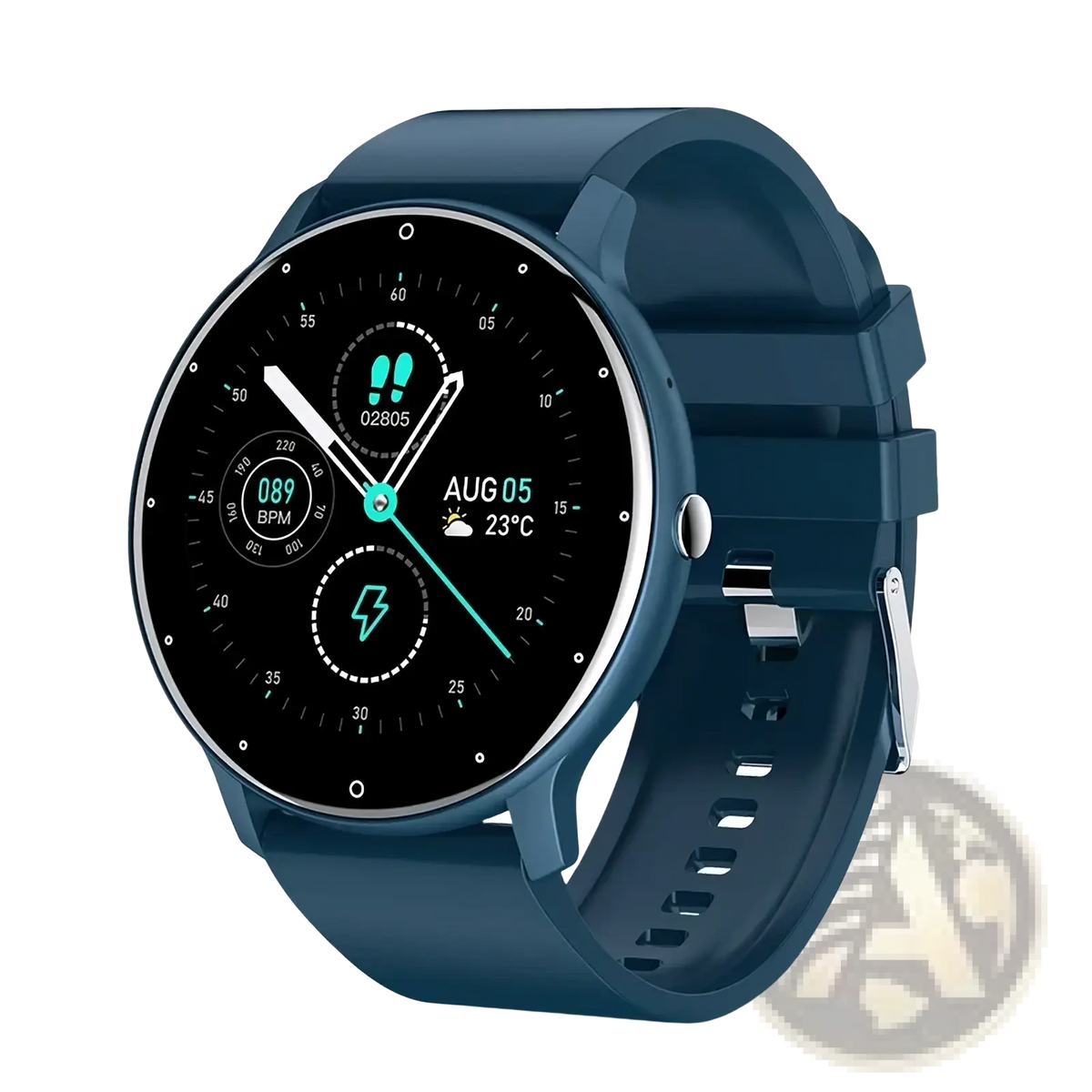 Blue silicone strap Lige smartwatch with black digital display showing fitness and weather data Bluetooth call tracker