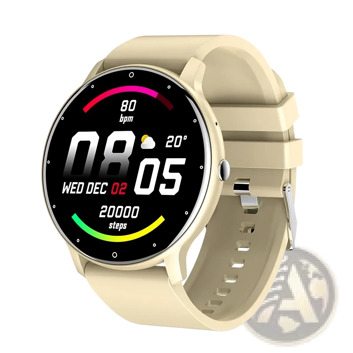 Lige smartwatch with beige silicone strap and circular digital display showing time date steps and heart rate