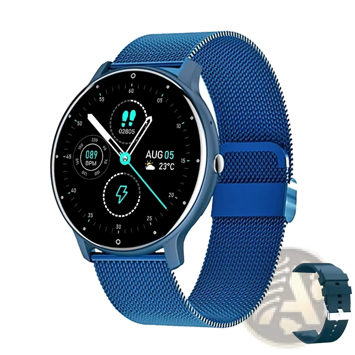 Blue mesh strap Lige smartwatch with black face and teal digital display for Bluetooth call and fitness tracking