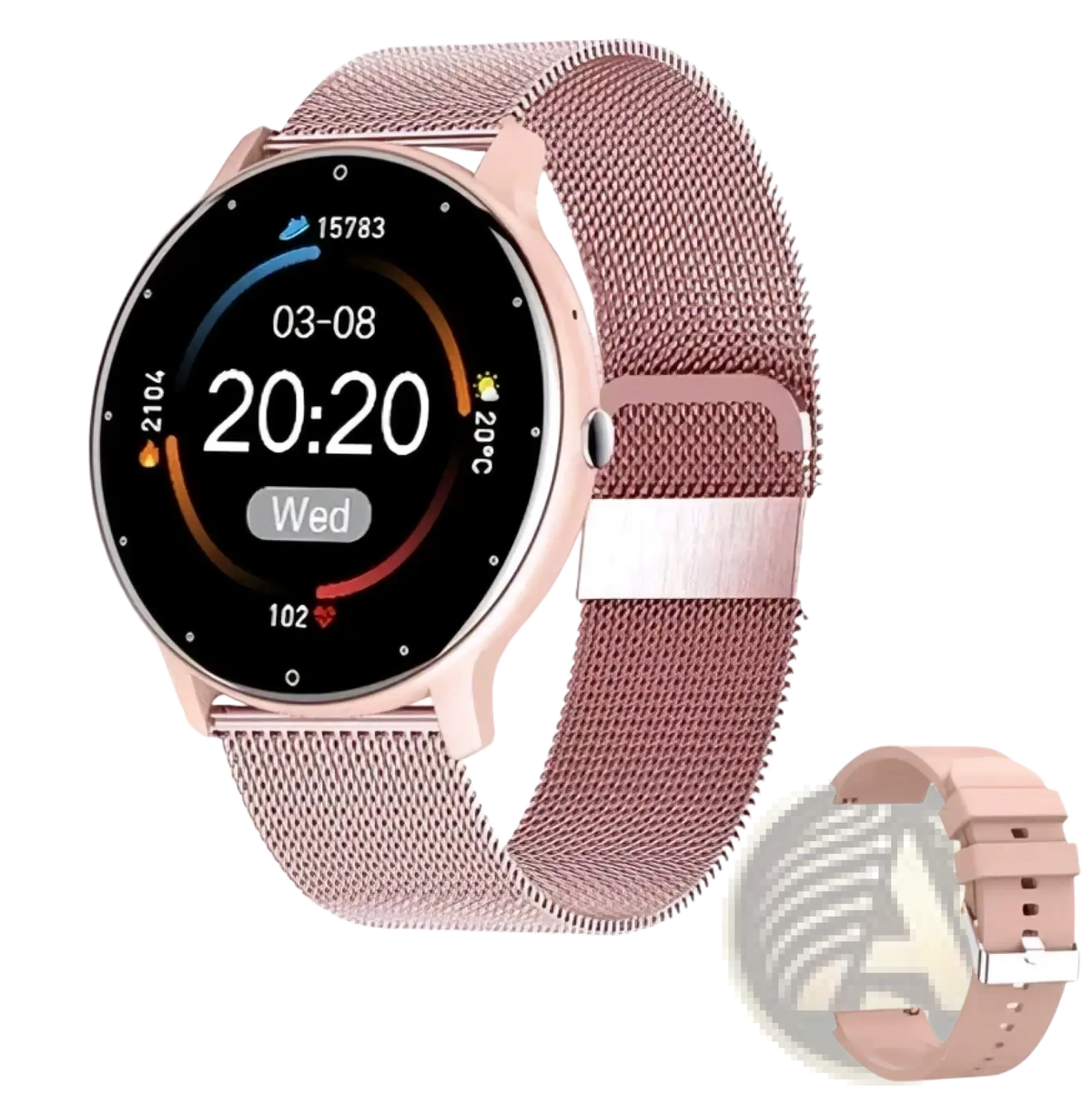 Rose gold mesh band Lige smartwatch with circular screen showing time and health metrics with extra pink silicone strap gift