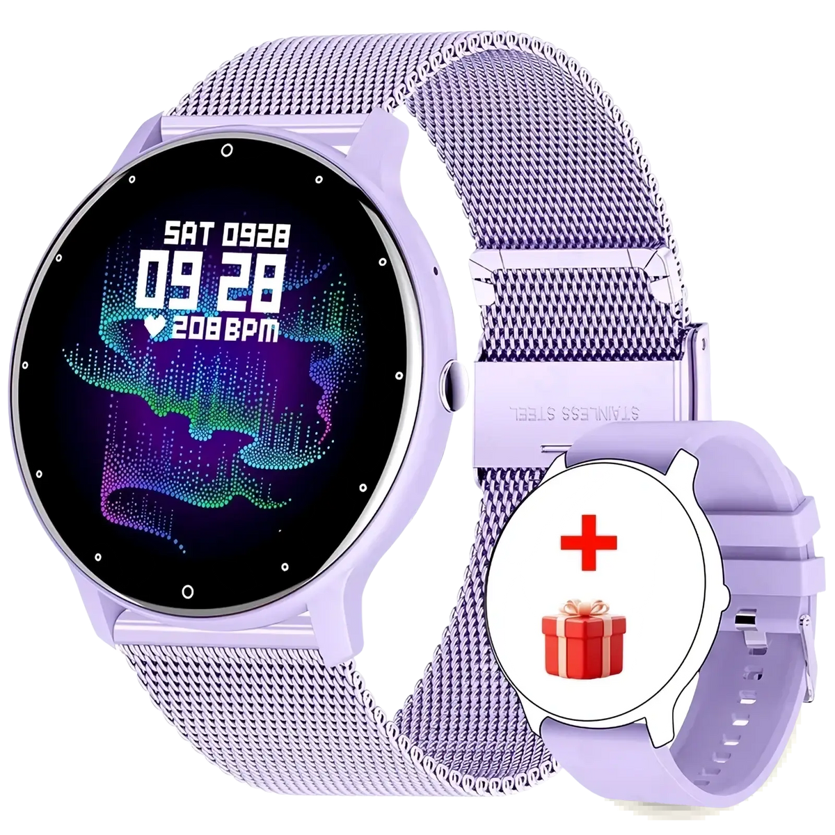 Lige smartwatch Bluetooth call fitness tracker in lavender with mesh stainless steel band and circular digital display