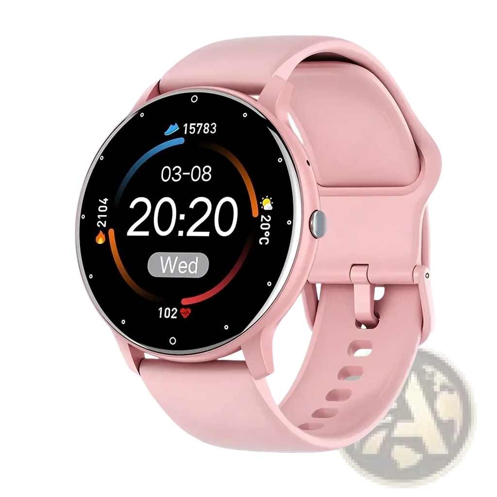Lige smartwatch with pink silicone strap and circular touchscreen display featuring bluetooth call and fitness tracker functions