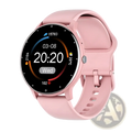 Lige smartwatch with pink silicone strap and circular touchscreen display featuring bluetooth call and fitness tracker functions