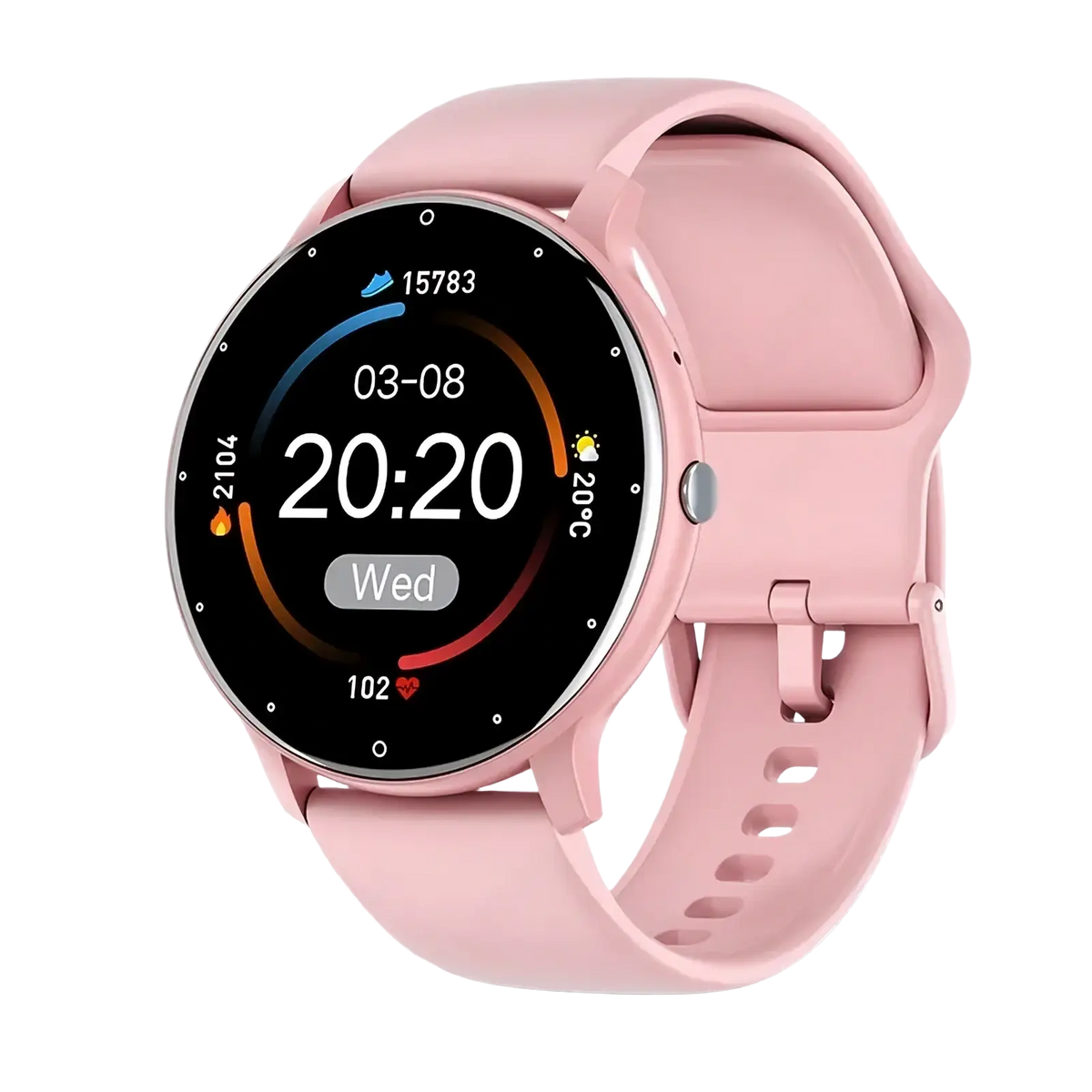 Lige smartwatch with pink silicone strap and circular touchscreen display featuring bluetooth call and fitness tracker functions