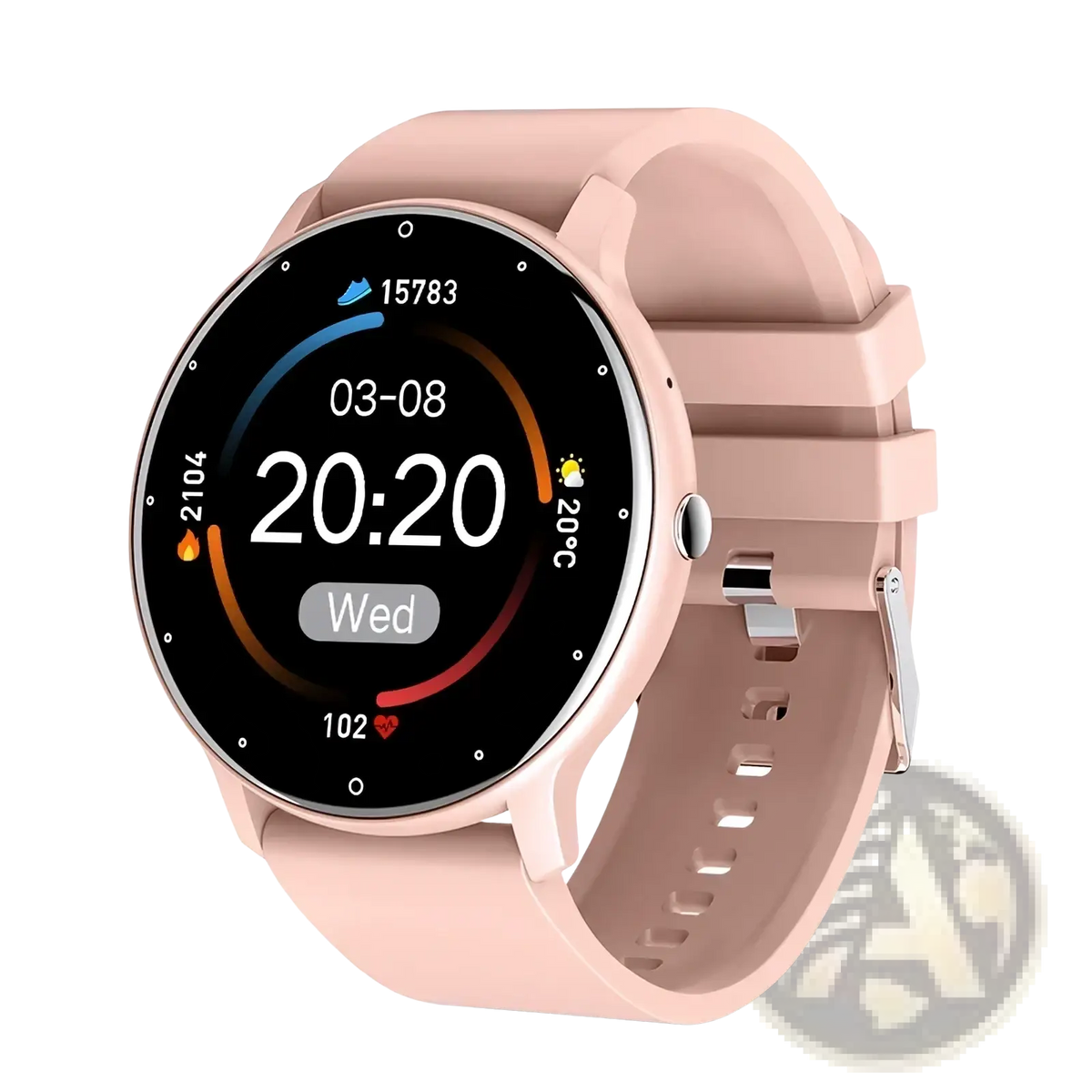 Lige smartwatch bluetooth call fitness tracker with pink silicone strap and circular screen displaying time and metrics