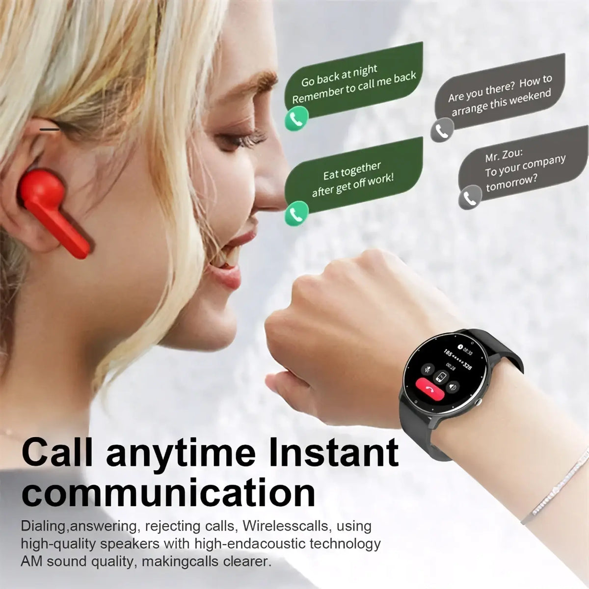 Red Lige smartwatch Bluetooth call fitness tracker wireless earbud with sleek ergonomic design and glossy finish
