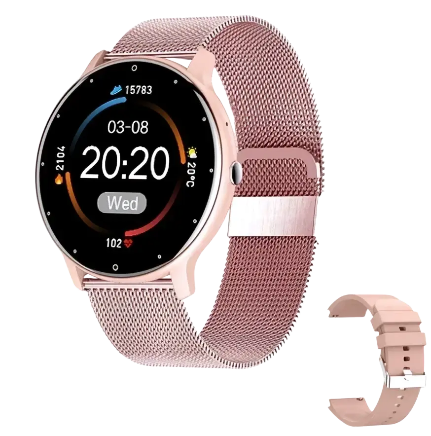Rose gold mesh band Lige smartwatch with circular screen showing time and health metrics with extra pink silicone strap gift