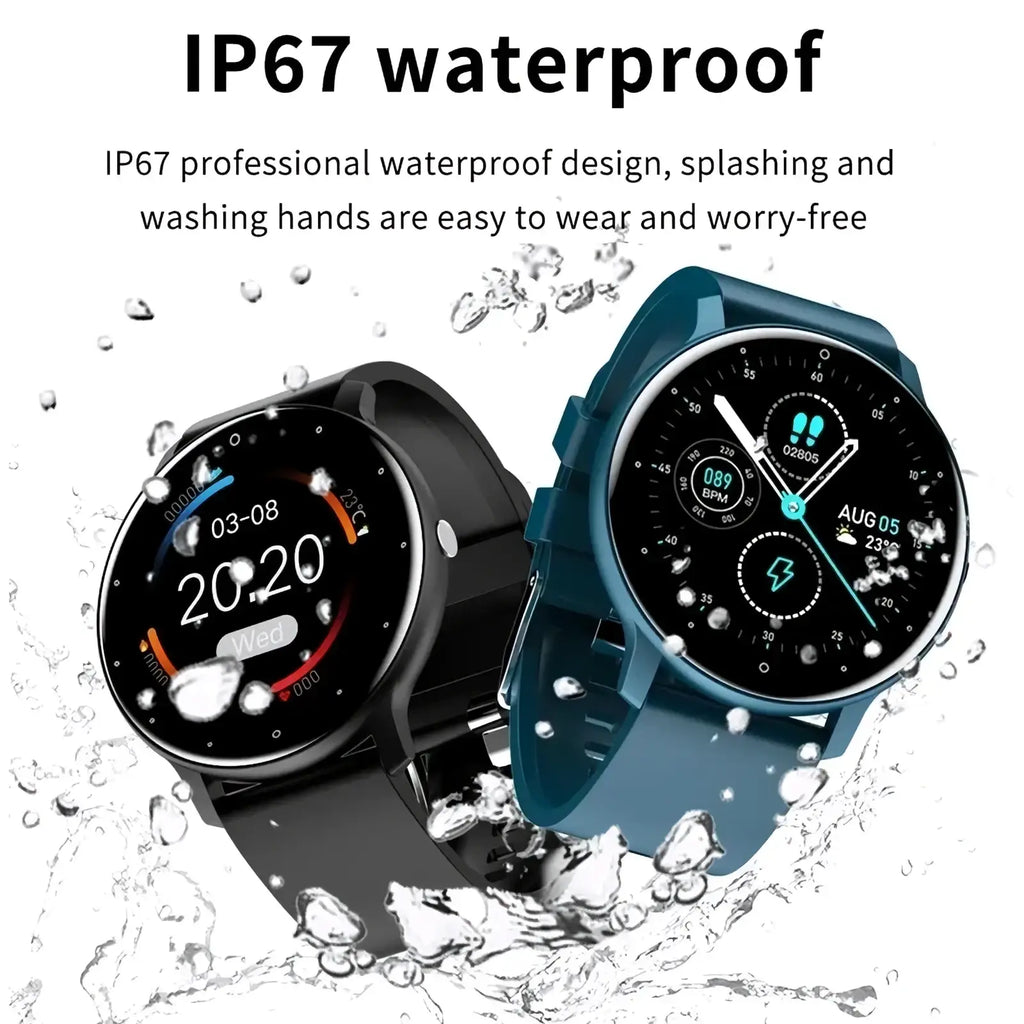 Two Lige smartwatches with round digital displays in black and teal blue featuring waterproof Bluetooth call fitness tracking