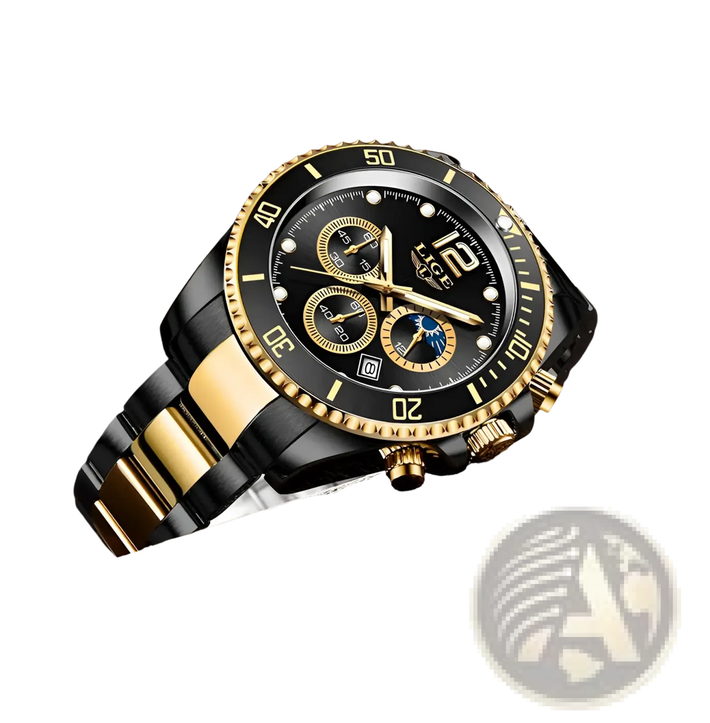 Lige two-tone gold green chronograph watch with black dial, three sub-dials, and textured black and gold bezel
