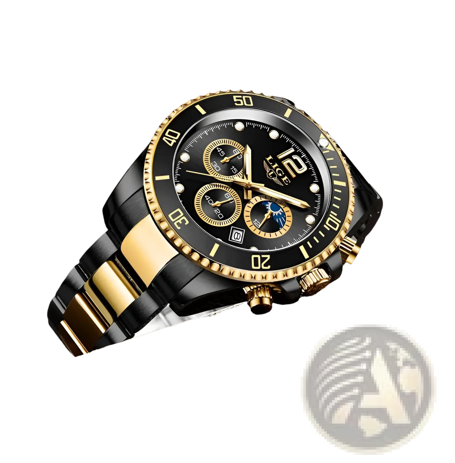 Lige two-tone gold green chronograph watch with black dial, three sub-dials, and textured black and gold bezel