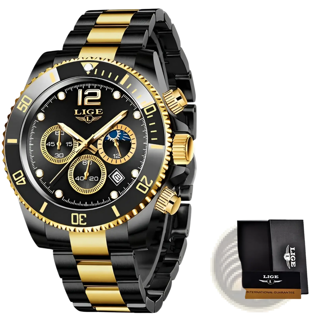 Lige two-tone gold green chronograph watch with black dial moon phase display three subdials and stainless steel bracelet