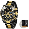 Lige two-tone gold green chronograph watch with black dial moon phase display three subdials and stainless steel bracelet