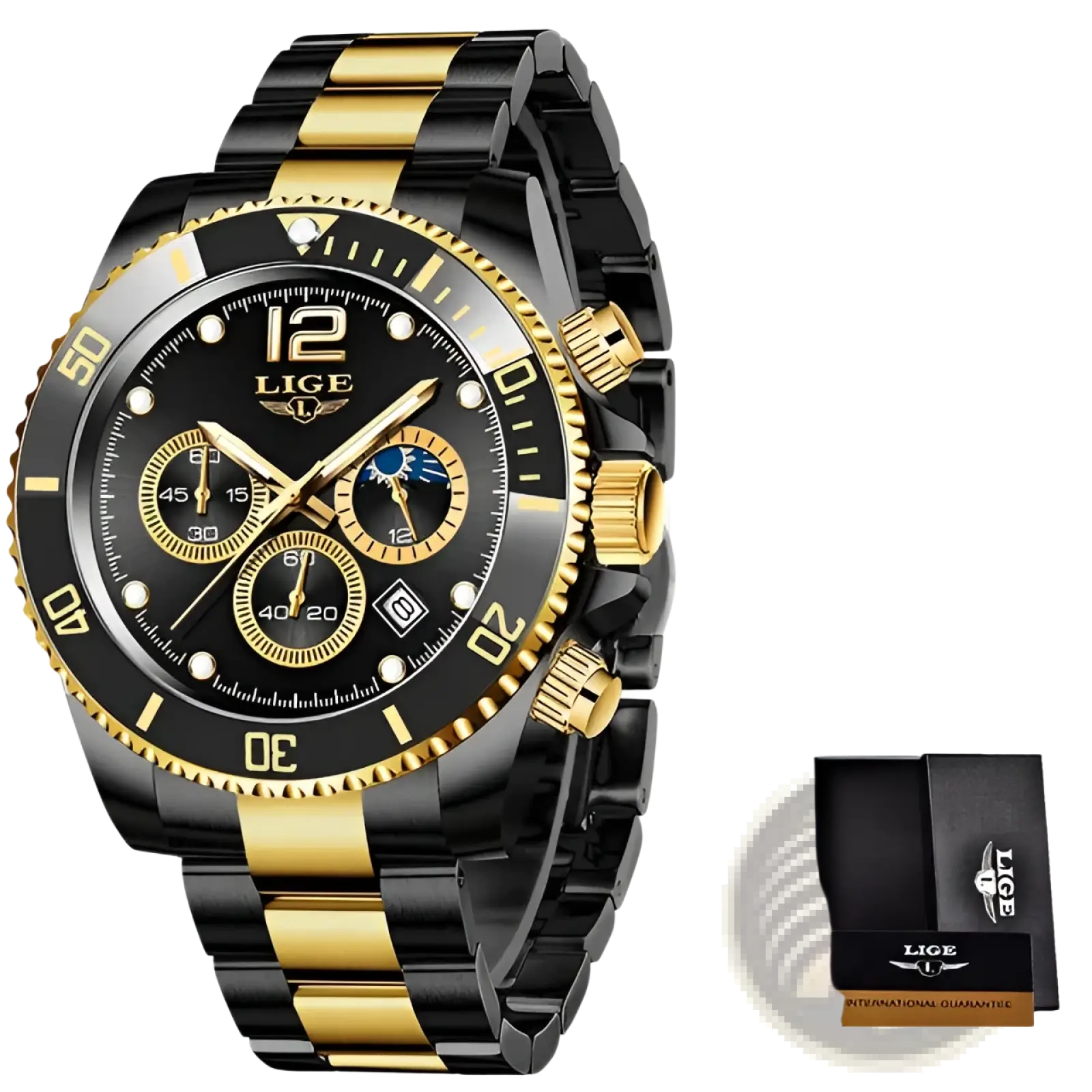 Lige two-tone gold green chronograph watch with black dial moon phase display three subdials and stainless steel bracelet