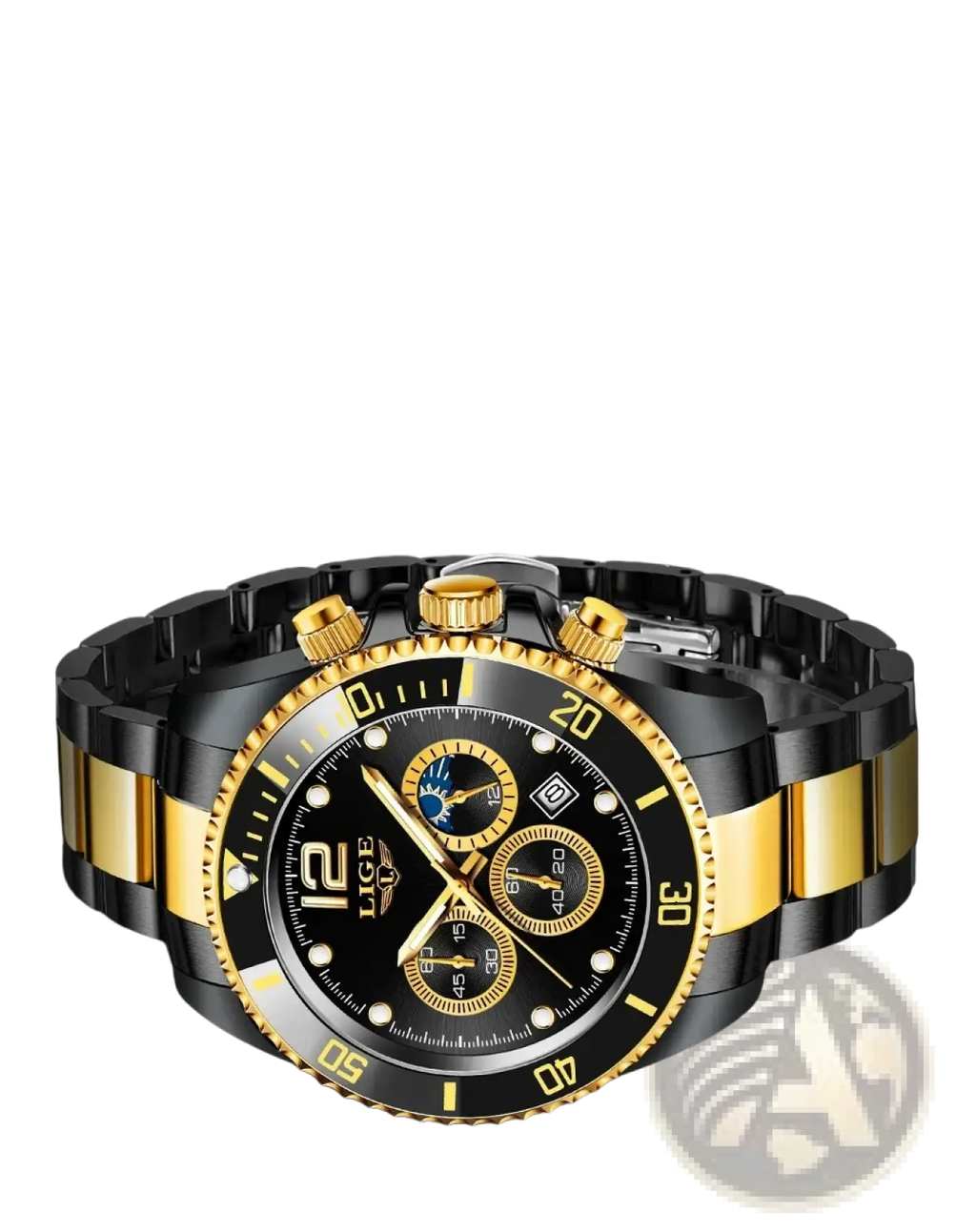 Lige two-tone gold green chronograph watch with black dial, gold bezel accents, and stainless steel bracelet