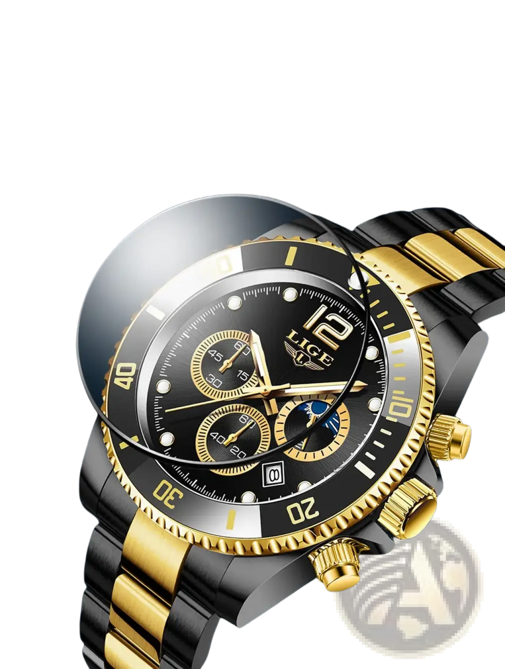 Black and gold Lige two-tone chronograph watch with mineral glass mirror face and green accents