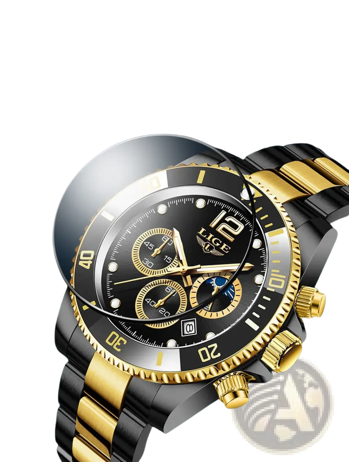 Black and gold Lige two-tone chronograph watch with mineral glass mirror face and green accents