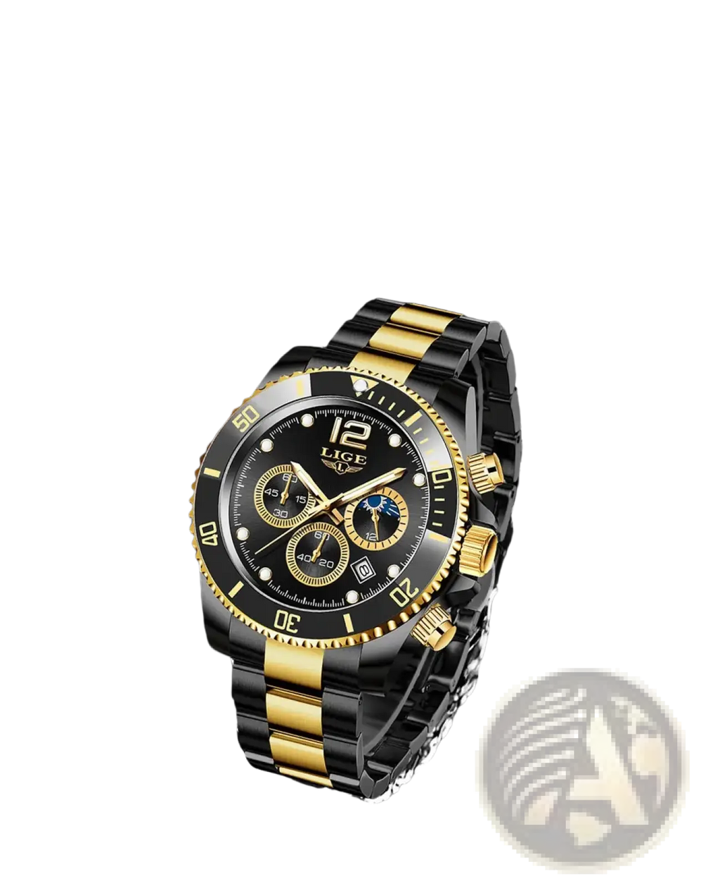 Black and gold lige two-tone chronograph watch with a stainless steel bracelet and green dial accents
