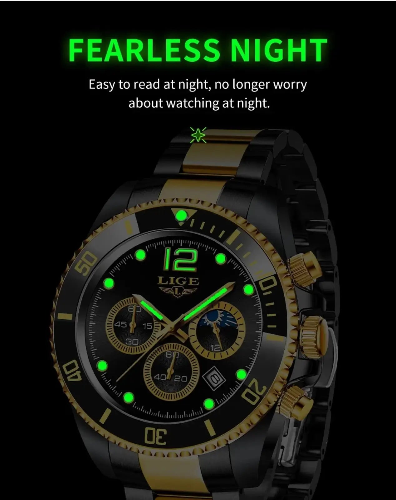 Lige two-tone gold green chronograph watch with black and gold design and glowing green numerals for night visibility