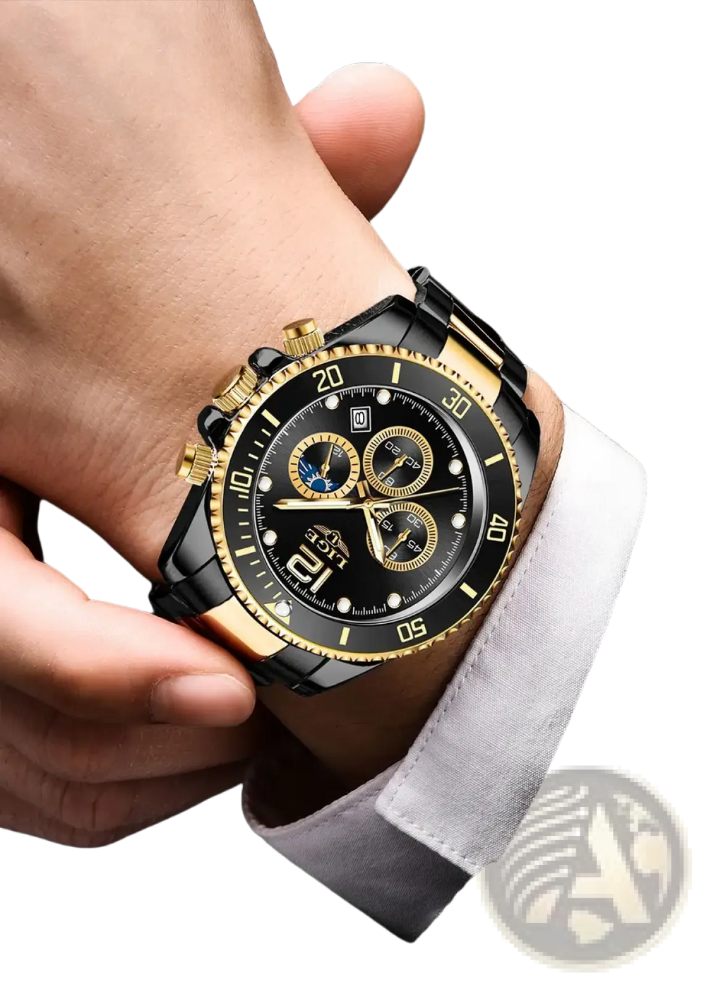 Lige two-tone gold green chronograph watch with black dial, golden bezel accents, pushers, and three subdials