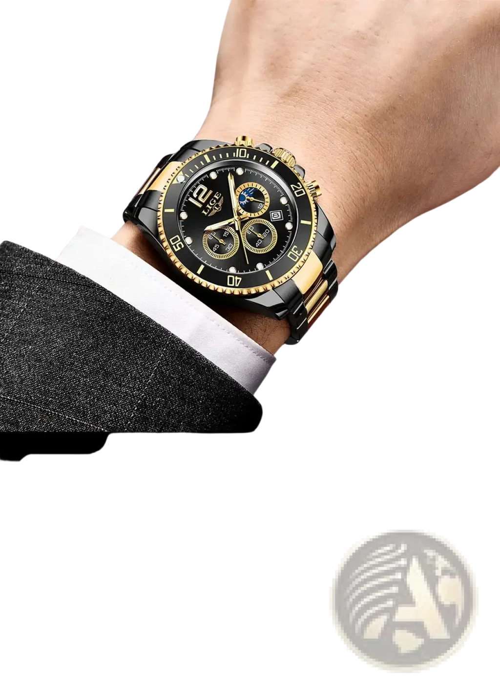 Lige two-tone gold green chronograph watch with black and gold face and stainless steel bracelet