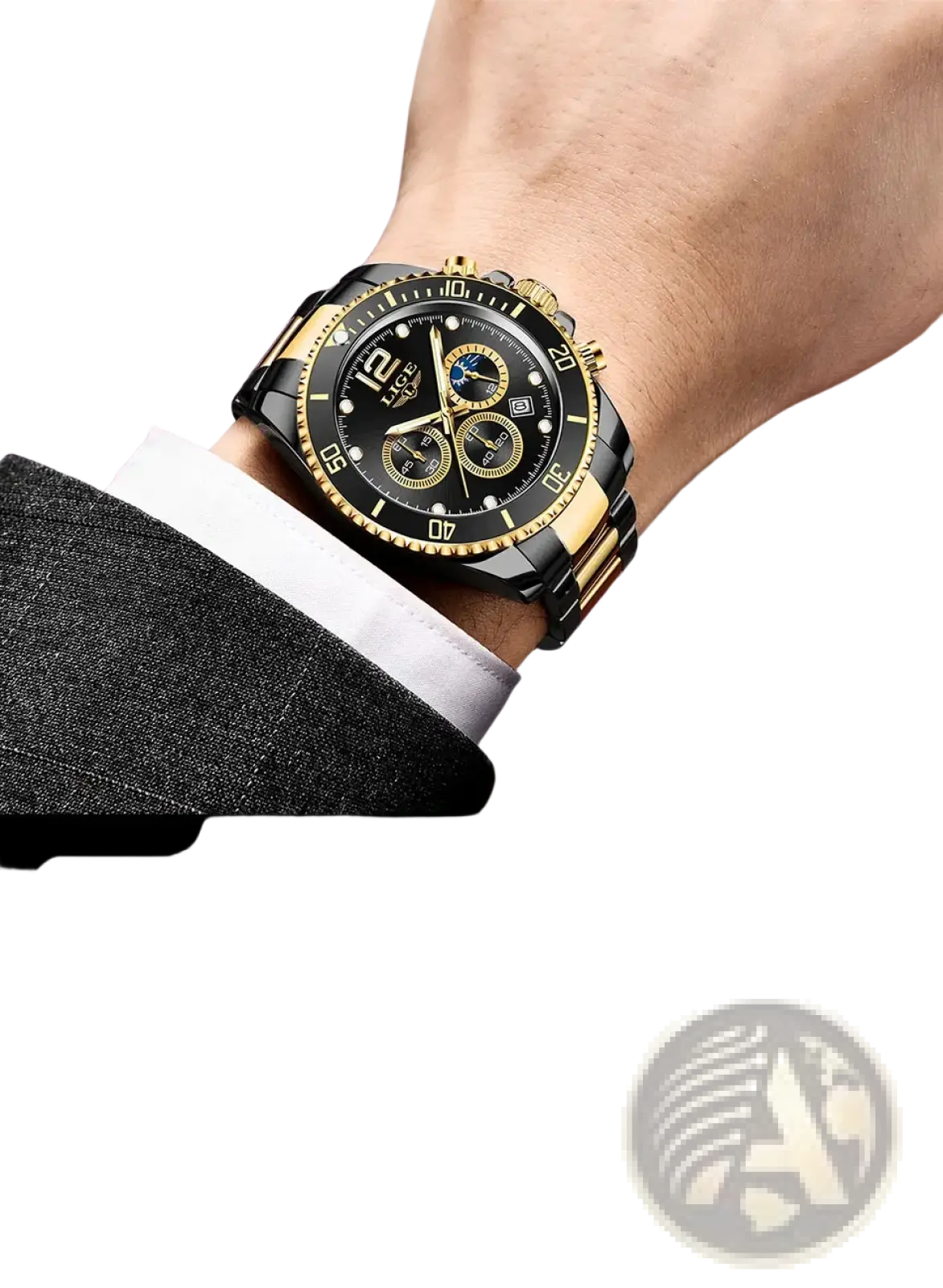 Lige two-tone gold green chronograph watch with black and gold face and stainless steel bracelet