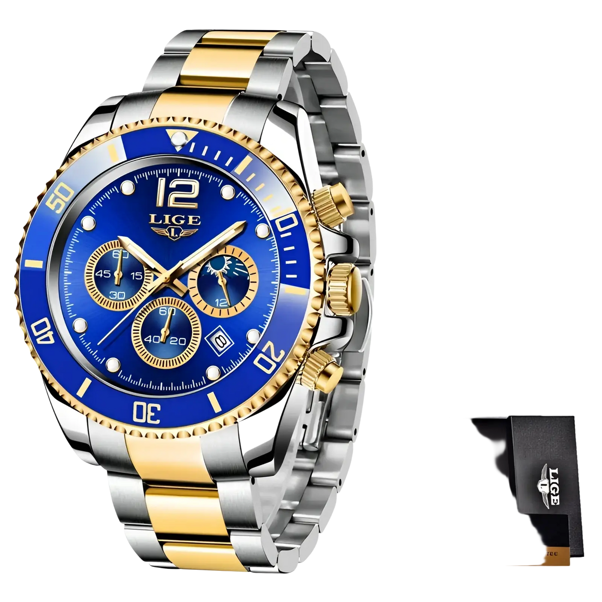 Lige two-tone gold green chronograph watch with blue and gold dial and stainless steel bracelet