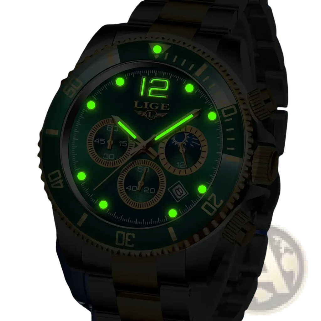 Lige two-tone gold green chronograph watch with luminous markers and gold accents on a metallic link bracelet