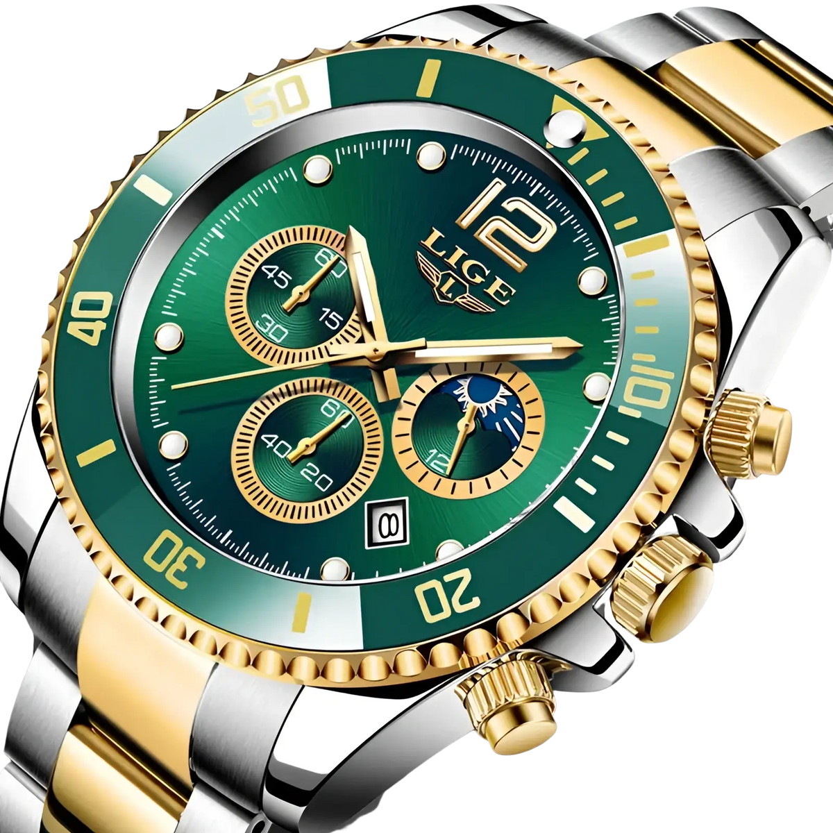 Lige two-tone gold green chronograph watch with stainless steel bezel, green dial, multiple subdials, and date display