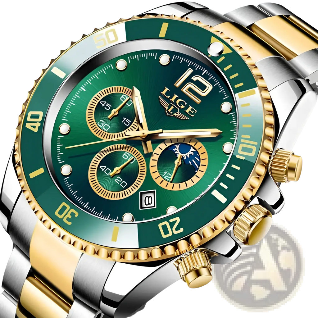 Lige two-tone gold green chronograph watch with stainless steel bezel, green dial, multiple subdials, and date display