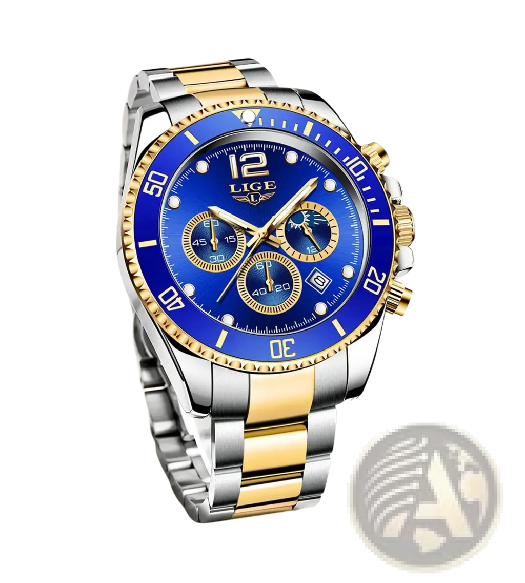 Lige two-tone gold green chronograph watch with vibrant blue dial and gold silver stainless steel case and bracelet