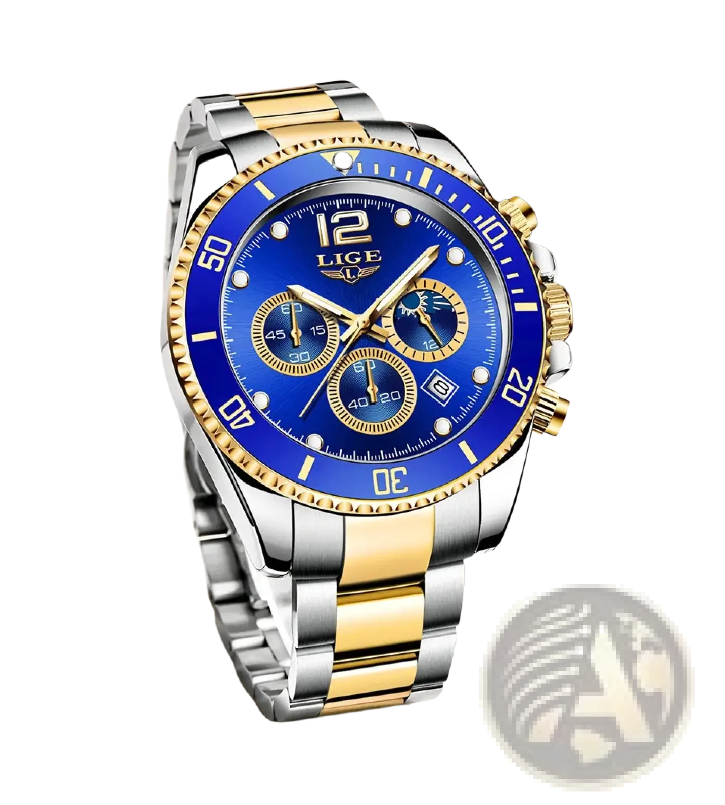 Lige two-tone gold green chronograph watch with vibrant blue dial and gold silver stainless steel case and bracelet