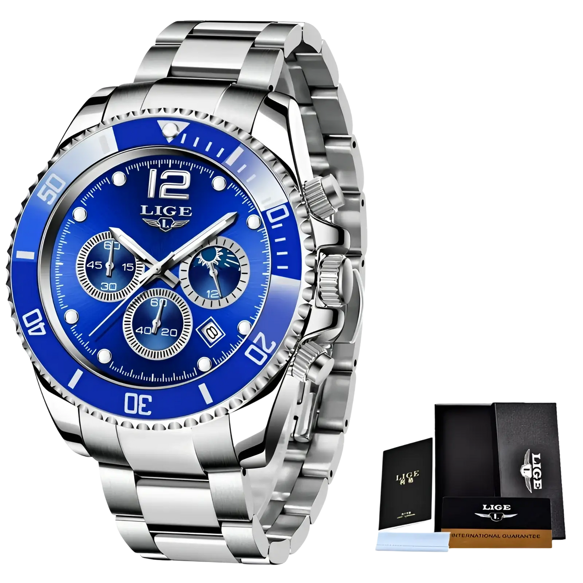 Silver stainless steel lige chronograph watch with a vibrant blue dial and three subdials in two-tone gold green design