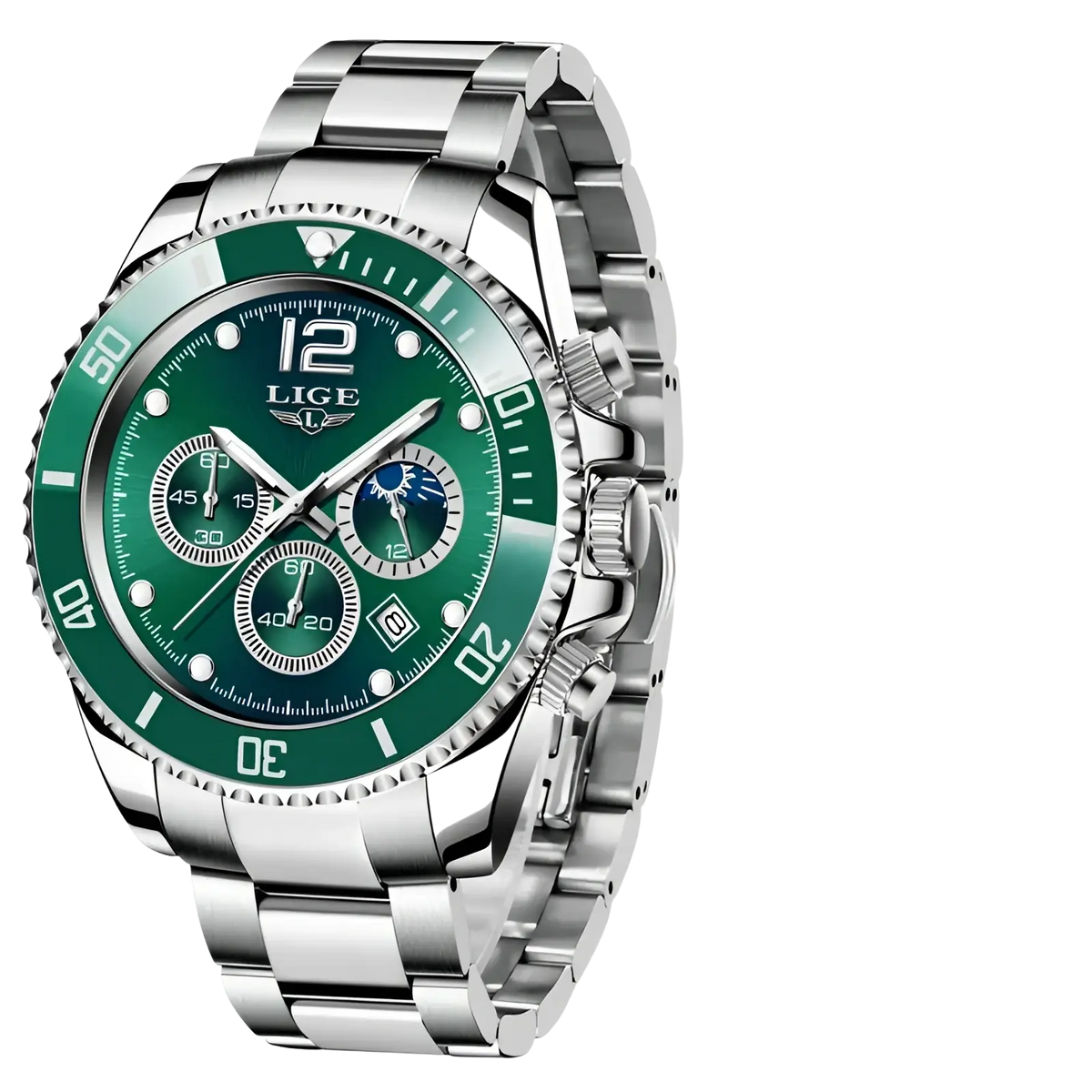 Silver stainless steel lige two-tone gold green chronograph men’s watch with vibrant green dial and three subdials