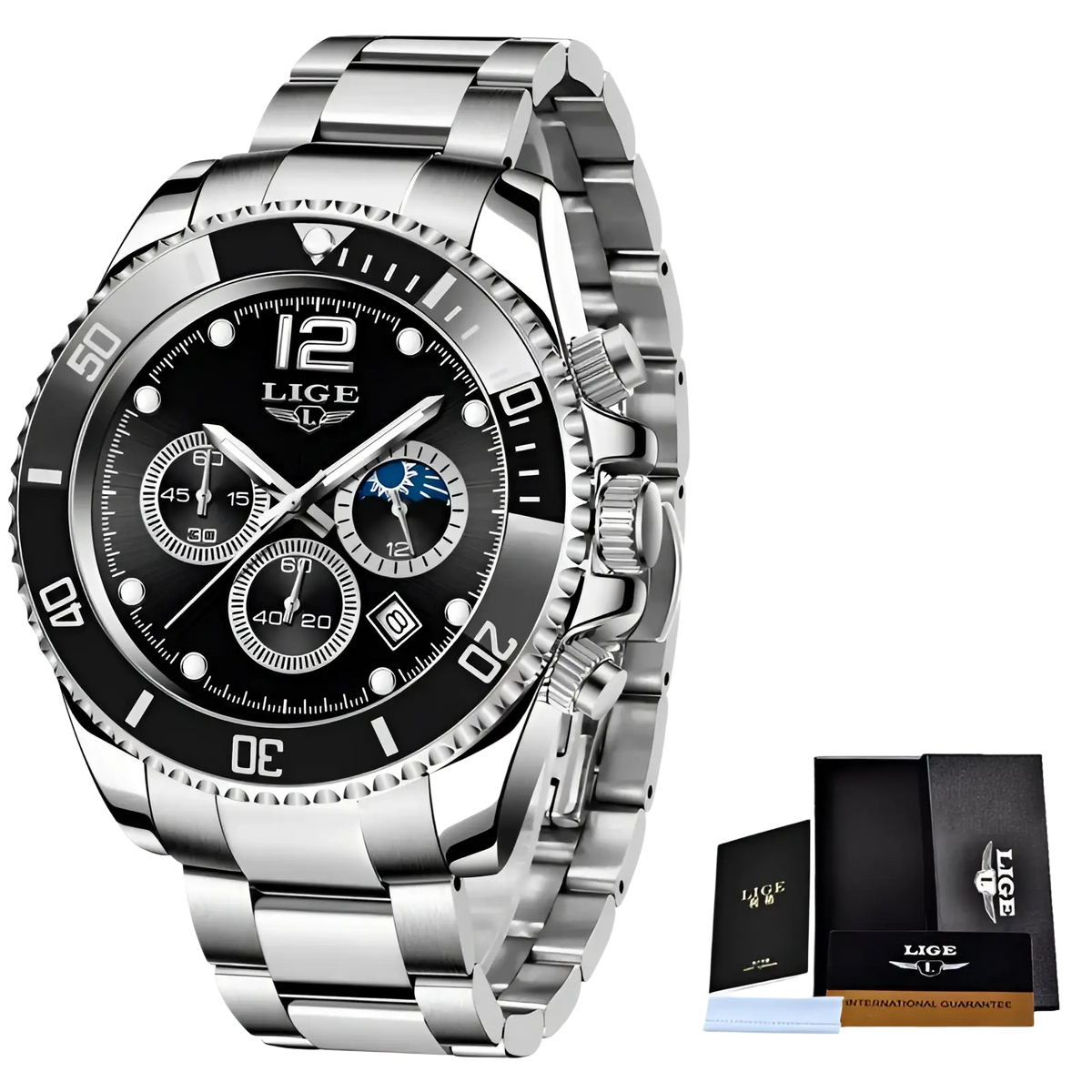 Silver stainless steel lige chronograph watch with black dial, three subdials, and moon phase indicator from Lige