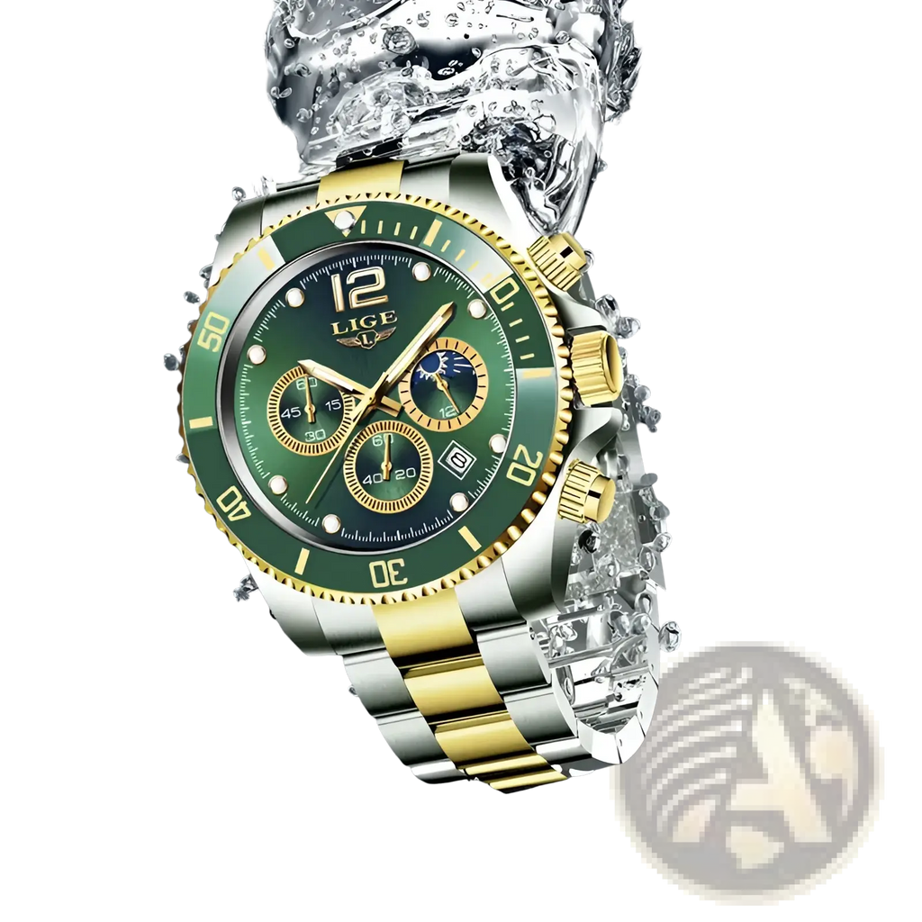 Lige two-tone gold green chronograph watch with a vibrant green dial and stainless steel and gold bracelet