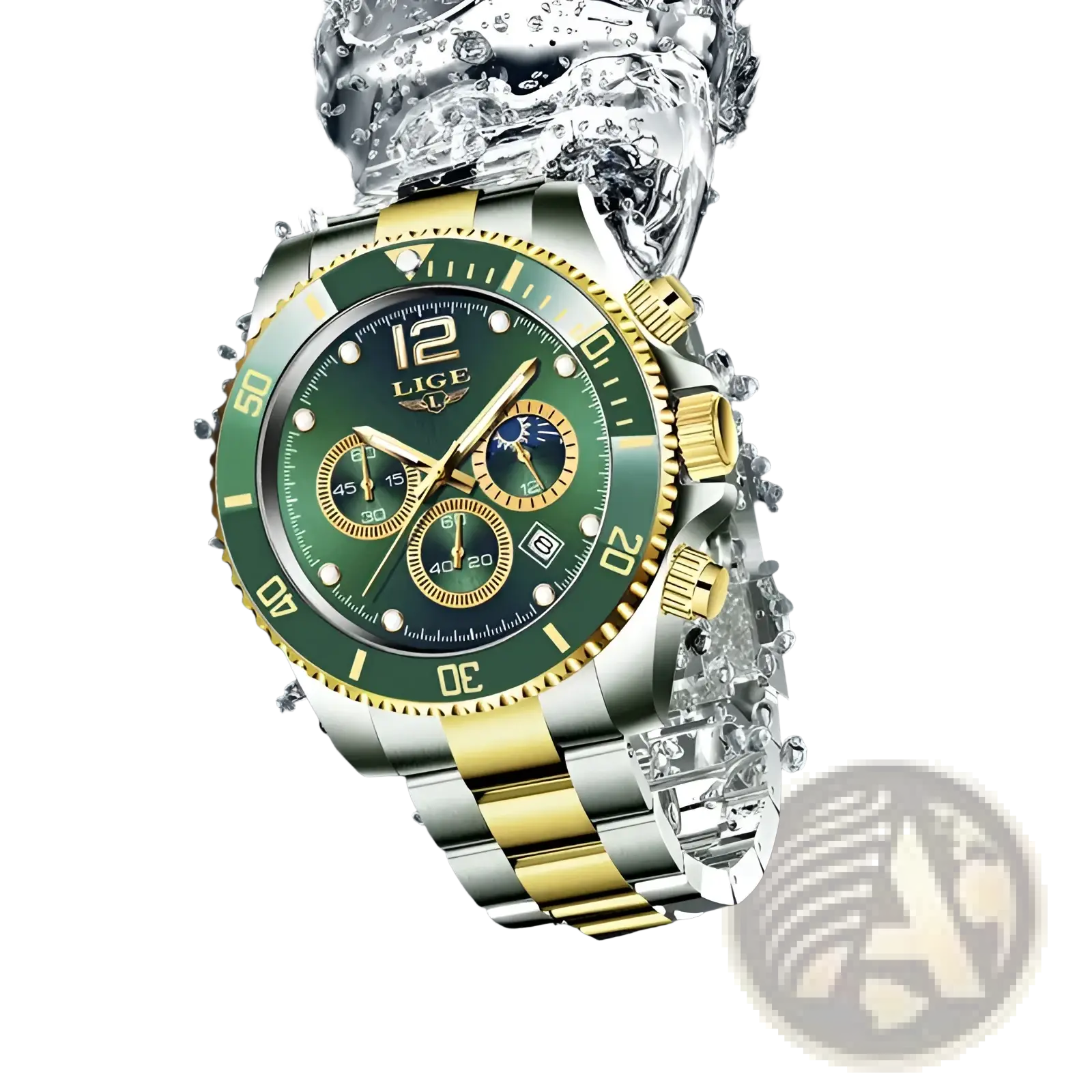 Lige two-tone gold green chronograph watch with a vibrant green dial and stainless steel and gold bracelet