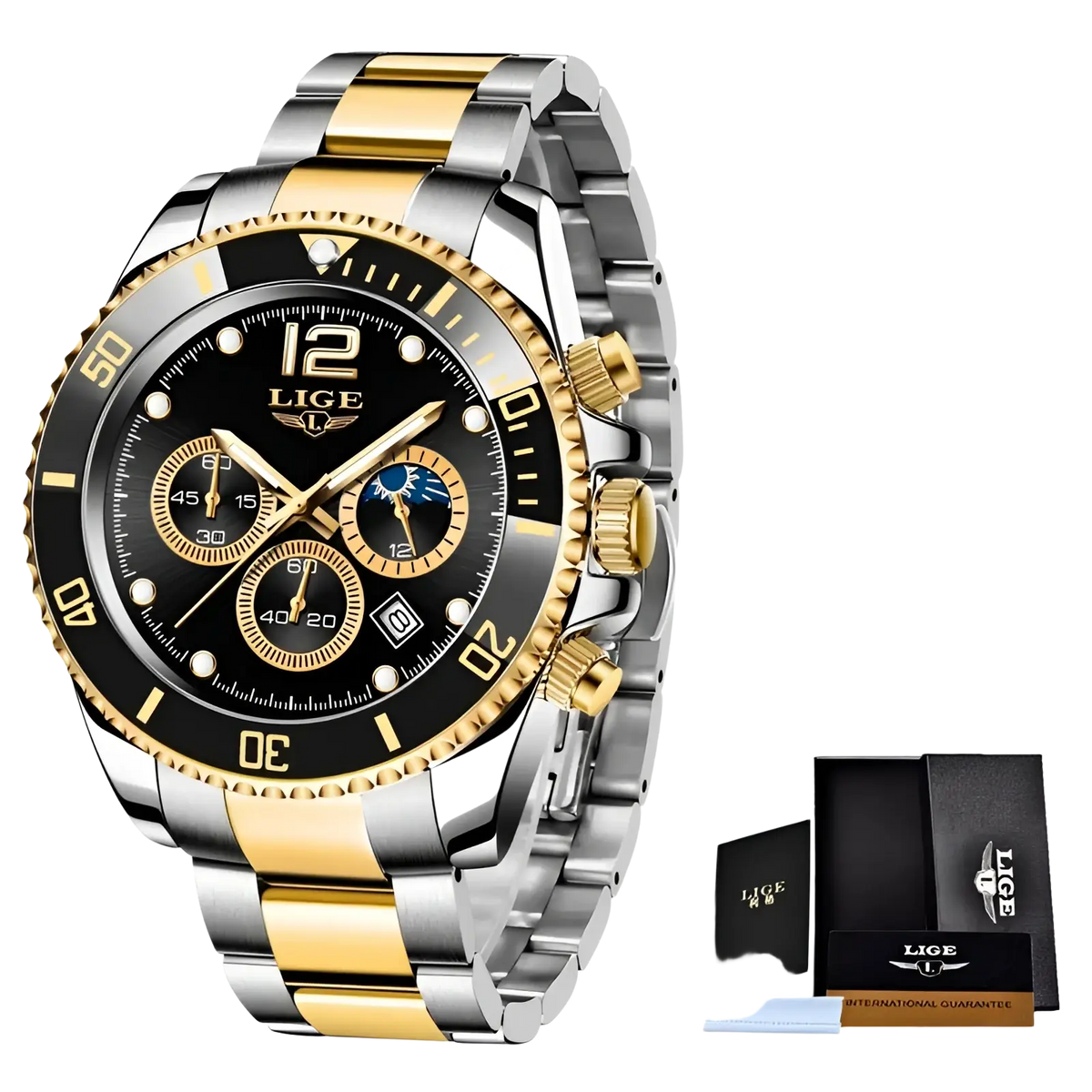 A sleek two-tone stainless steel and gold lige chronograph watch with black dial and bold white numerals