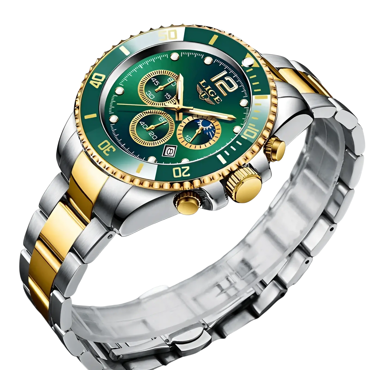 A lige two-tone gold green chronograph watch with a sleek stainless steel and gold case and vibrant green dial