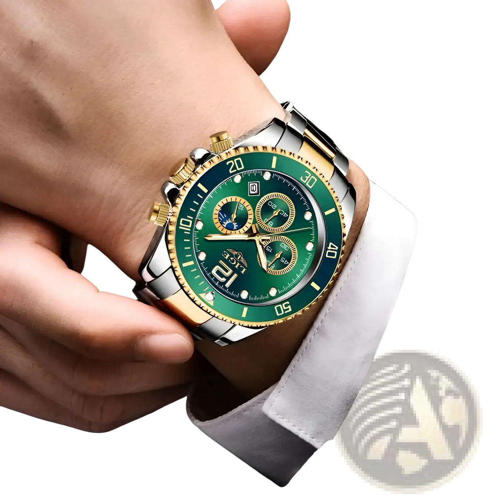 Lige two-tone gold green chronograph watch with stainless steel case, vibrant green dial, three subdials, and luminous markers