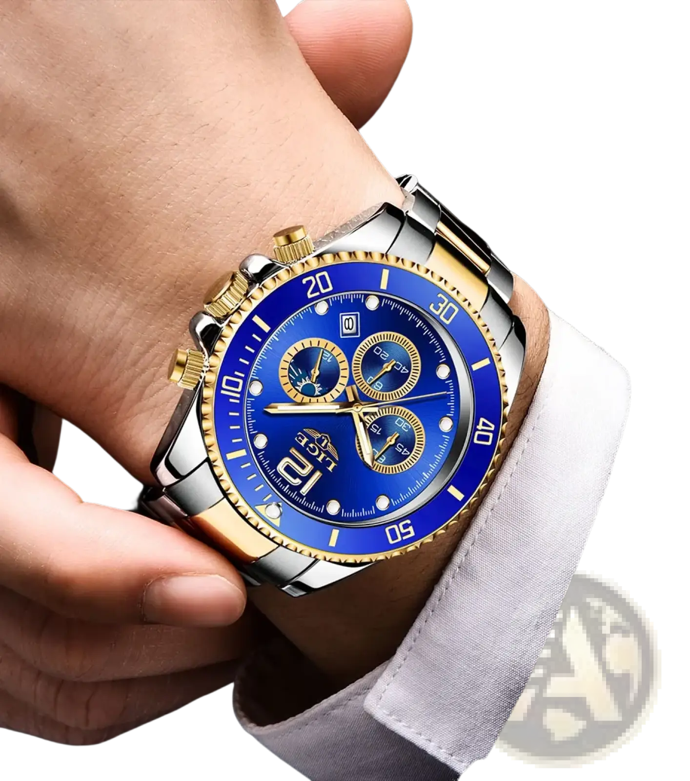 Lige two-tone gold and stainless steel chronograph watch with vibrant blue dial and three sub-dials in bold white markings