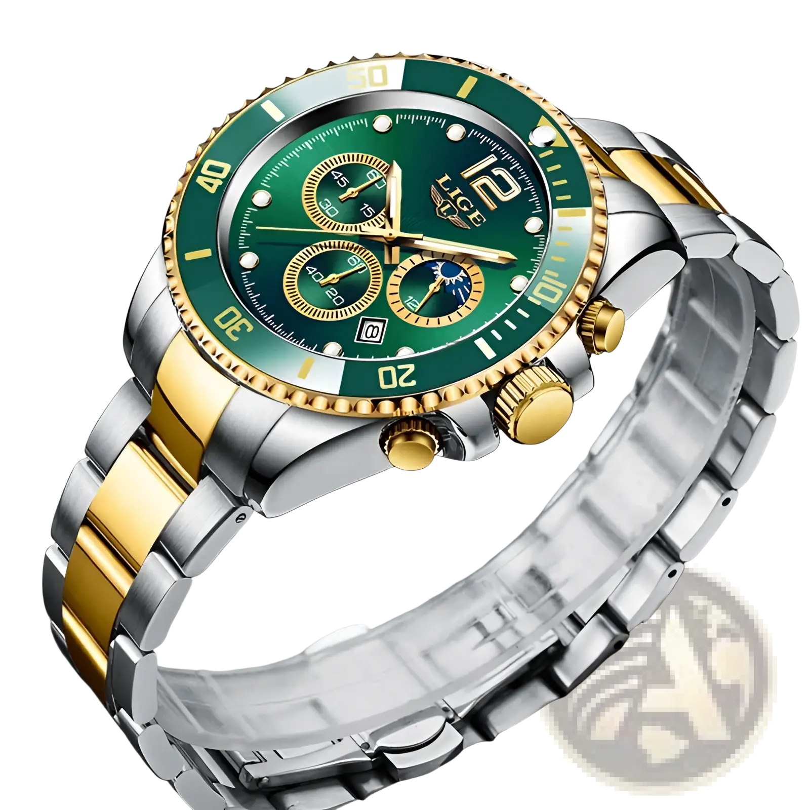 A lige two-tone gold green chronograph watch with a sleek stainless steel and gold case and vibrant green dial