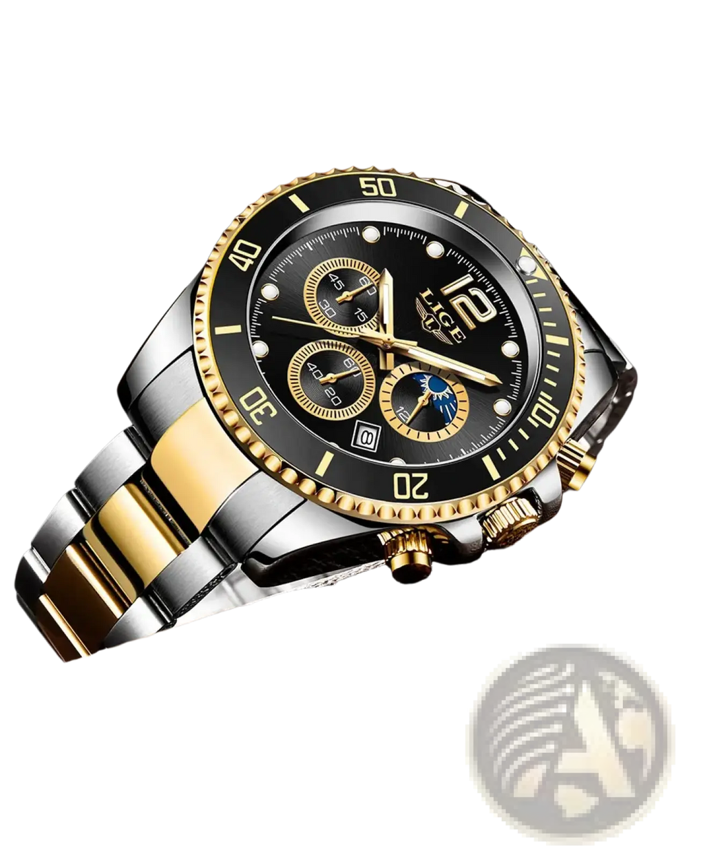 Lige two-tone gold green chronograph watch with stainless steel and gold case, black dial, subdials, and luminous markers