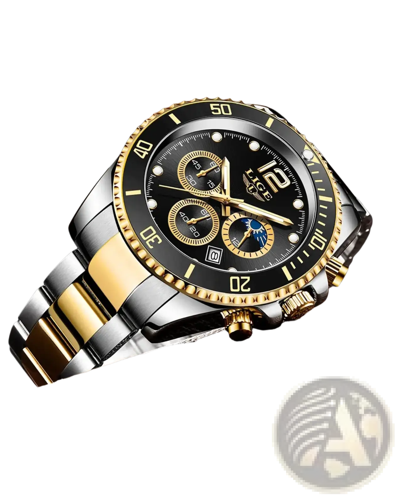 Lige two-tone gold green chronograph watch with stainless steel and gold case, black dial, subdials, and luminous markers