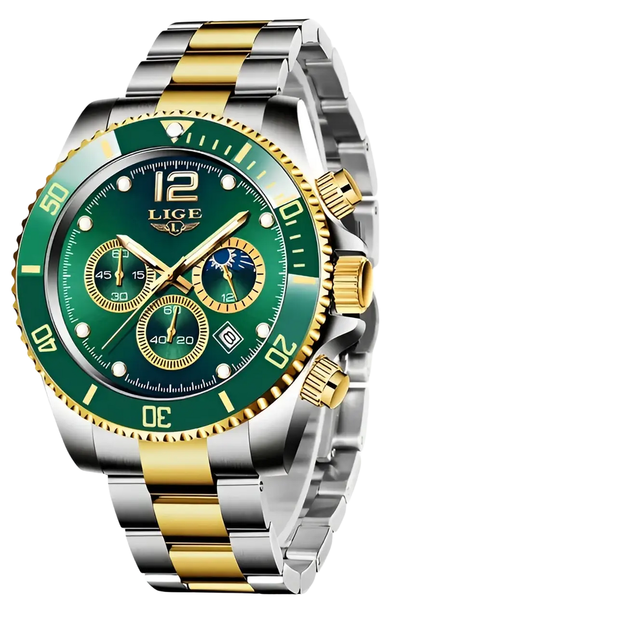 Lige two-tone gold green chronograph watch with stainless steel, vibrant green dial, three subdials, and matching bezel