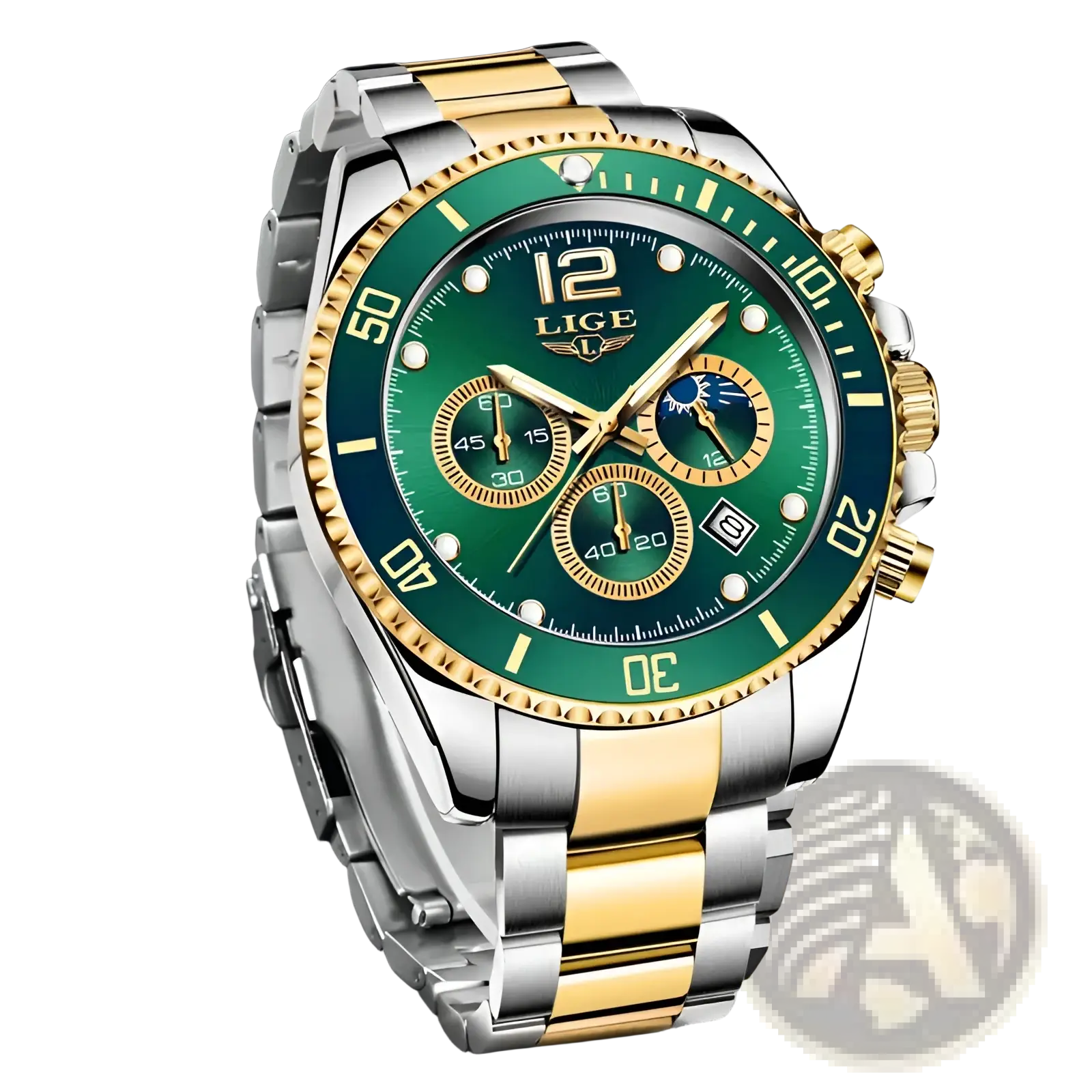 Lige two-tone gold and stainless steel chronograph watch with a vibrant green dial and three subdials