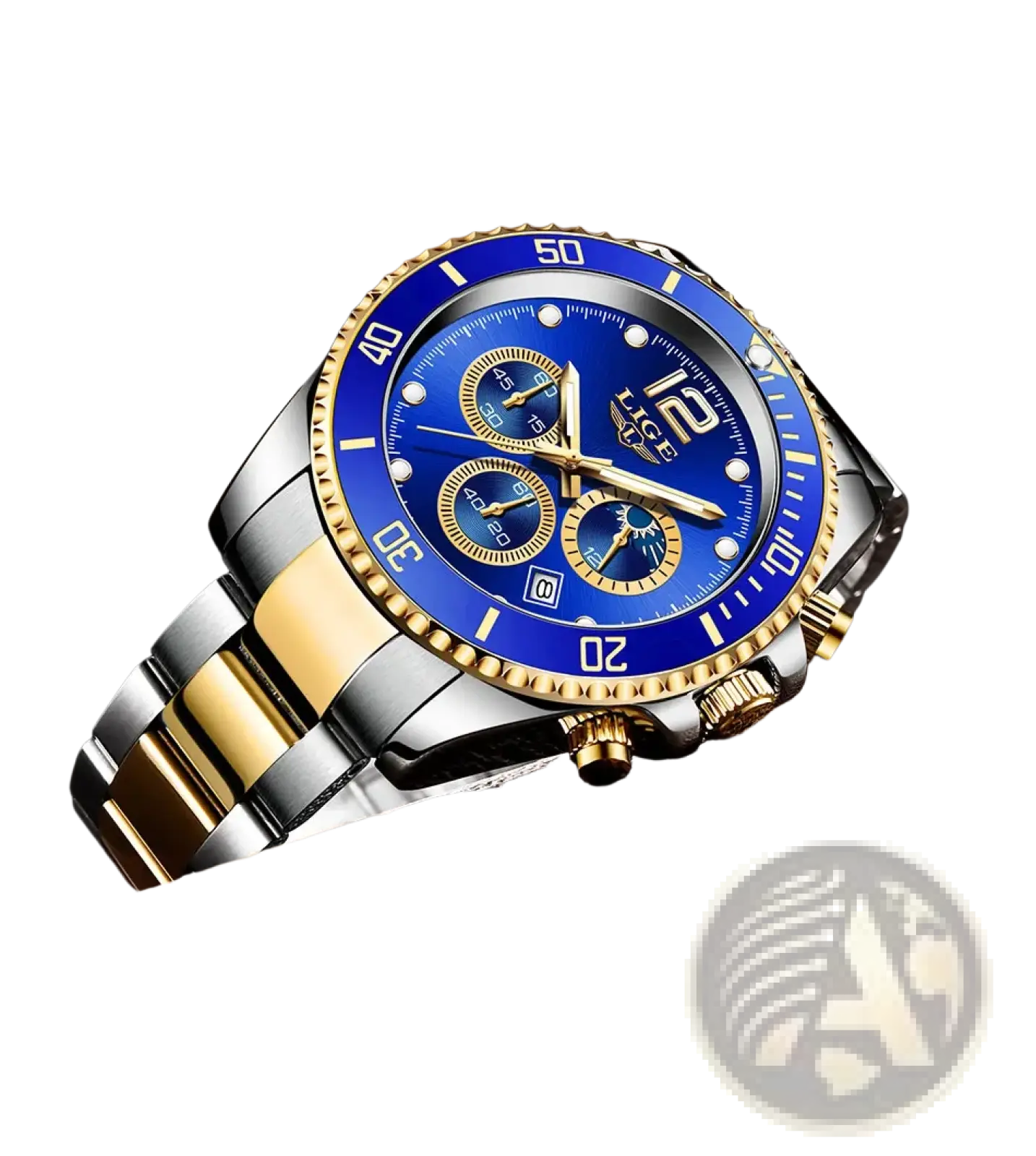 Lige two-tone gold green chronograph watch featuring a stainless steel and gold case with a vibrant blue dial and three sub-dials