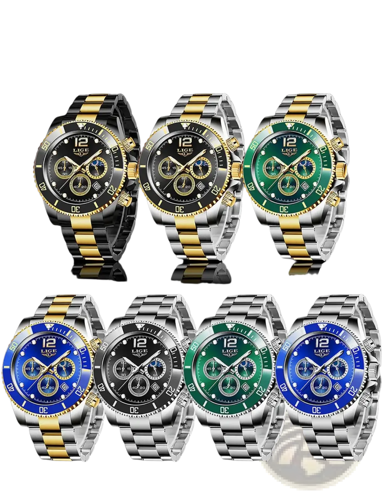 Lige two-tone gold green chronograph watch with stainless steel construction and black green or blue dials