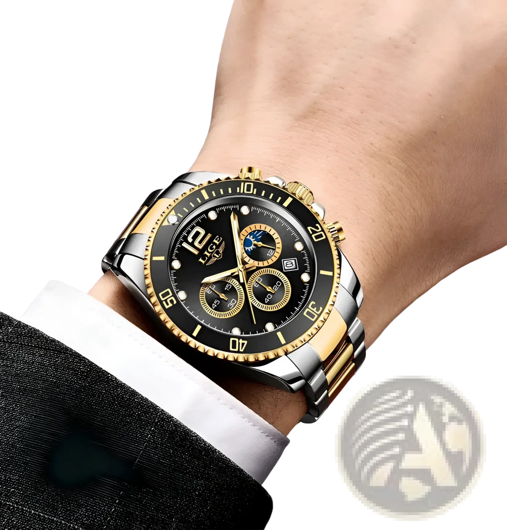 Lige two-tone gold green chronograph watch with stainless steel and gold-tone case, black dial, three subdials, and luminous markers