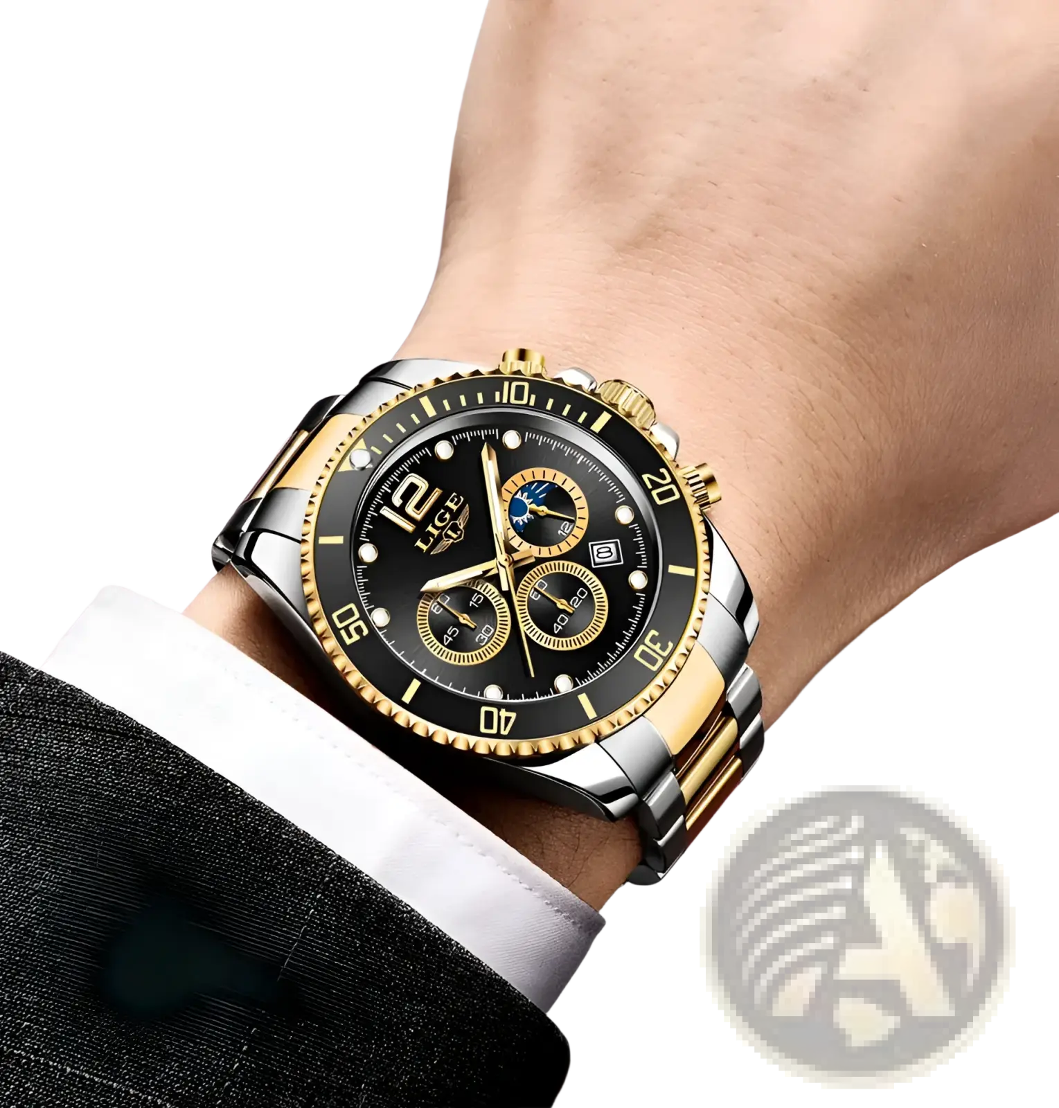 Lige two-tone gold green chronograph watch with stainless steel and gold-tone case, black dial, three subdials, and luminous markers